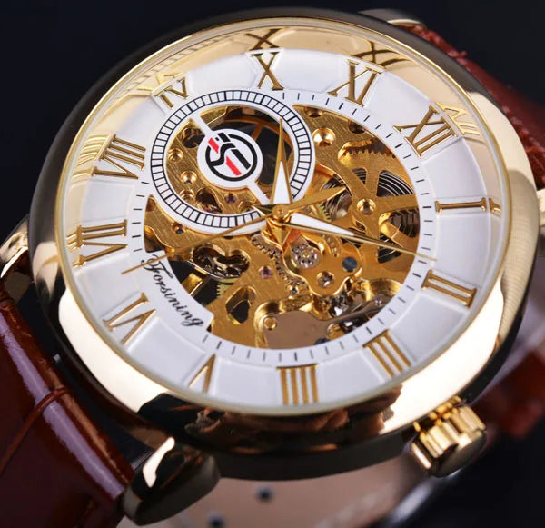 Forsining Men's Luxury Mechanical Skeleton Watch - Black Gold 3D Roman Dial