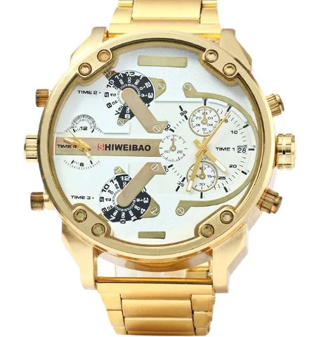 Big Watch Men Luxury Golden Steel Watchband Men's Quartz Watches Dual Time Zone Military Relogio Masculino Casual Clock Man