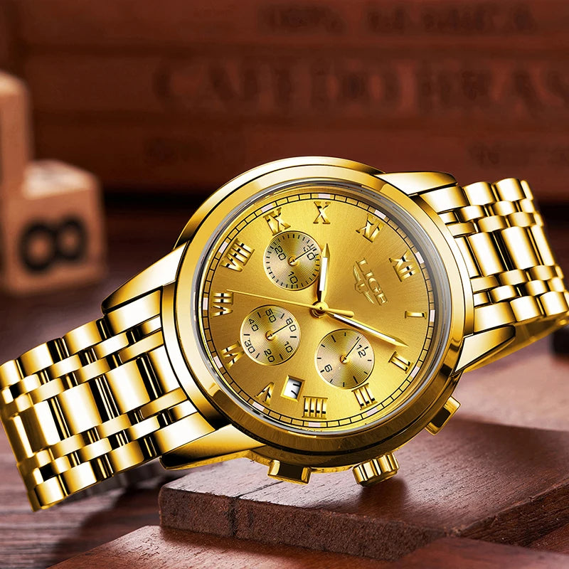 LIGE Golden Prestige - Luxury Gold-Tone Business Quartz Watch