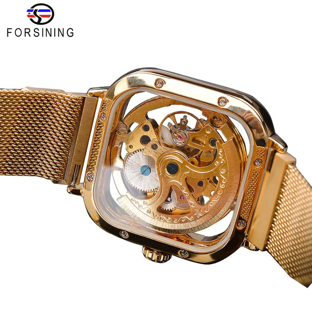 Golden Square Skeleton Automatic Watch - Mesh Steel Band