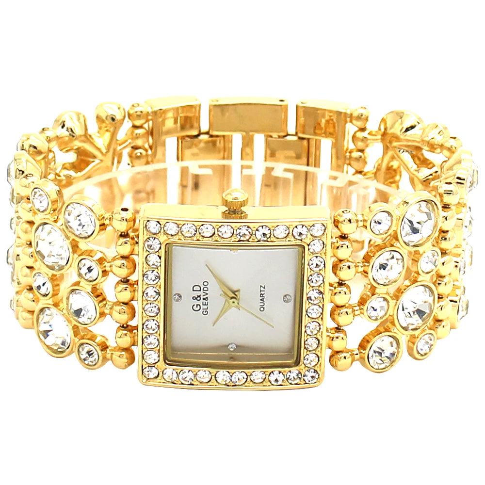 G&D Women Square Watch Analog Quartz Vogue Female Clock Luxury Golden Diamond Crystal Bracelet Wedding Evening Dress Wristwatch