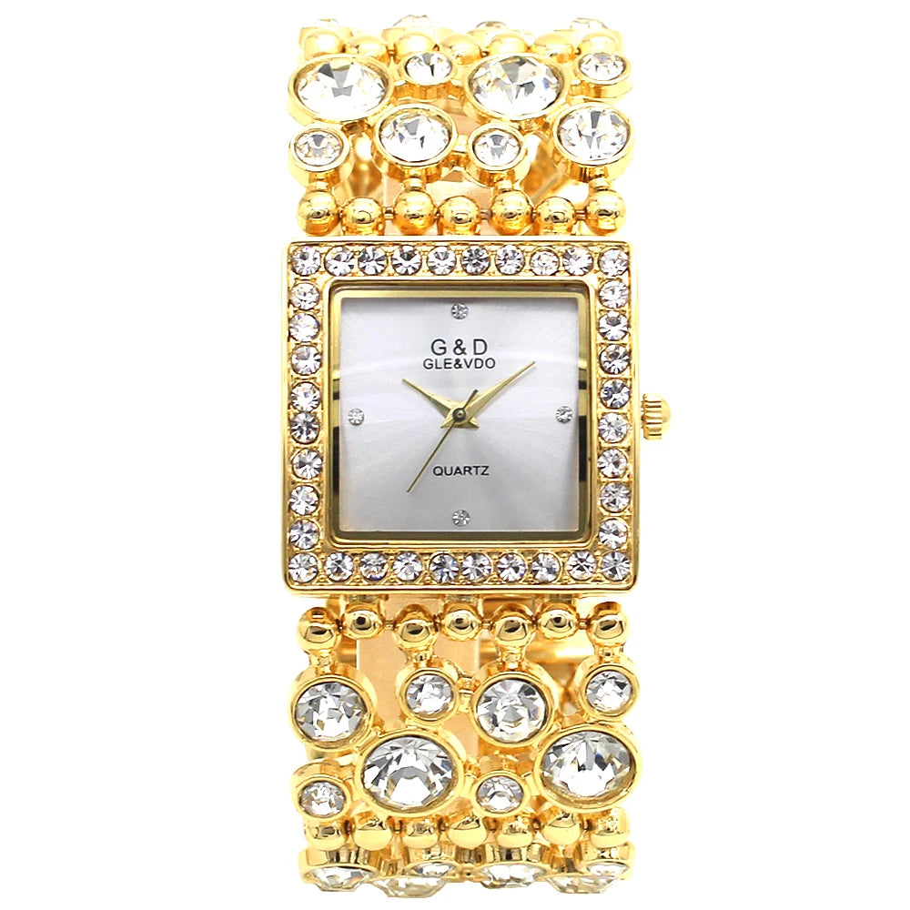 G&D Women Square Watch Analog Quartz Vogue Female Clock Luxury Golden Diamond Crystal Bracelet Wedding Evening Dress Wristwatch