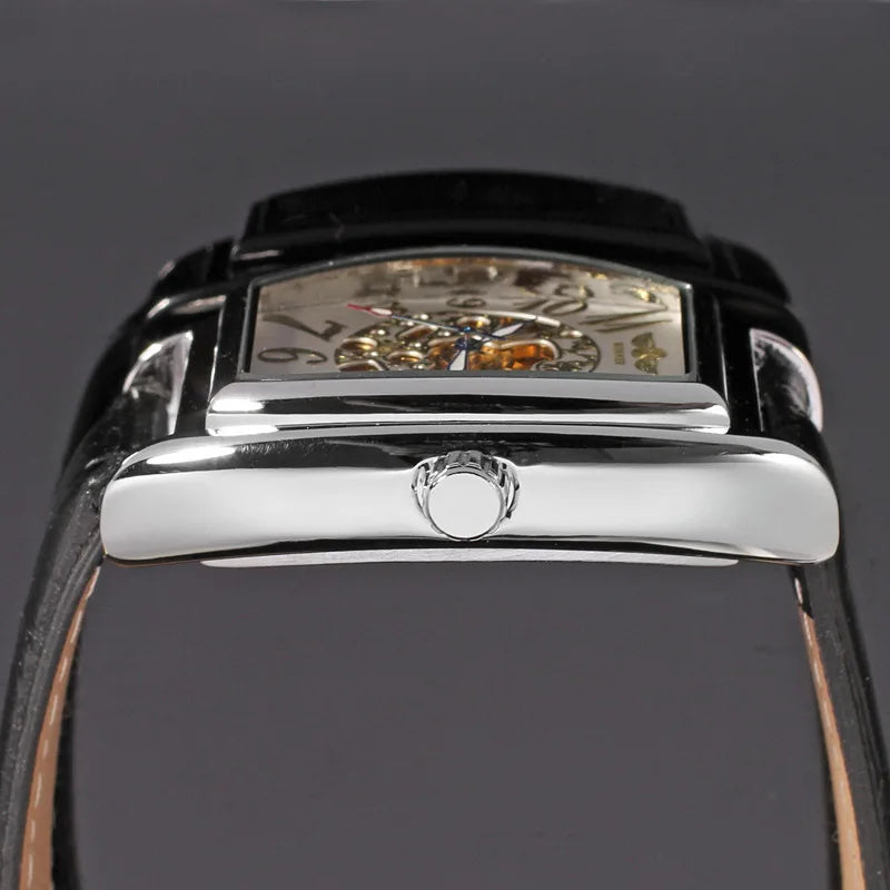 Vintage Square Automatic Watch for Women - Leather Strap Mechanical Timepiece