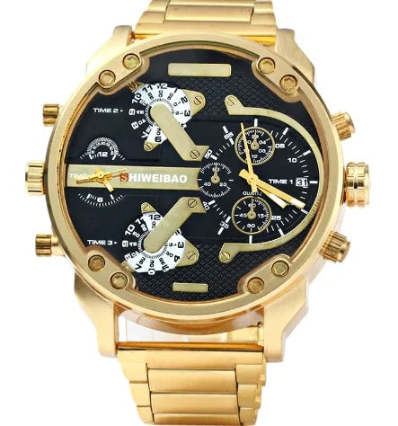 Big Watch Men Luxury Golden Steel Watchband Men's Quartz Watches Dual Time Zone Military Relogio Masculino Casual Clock Man