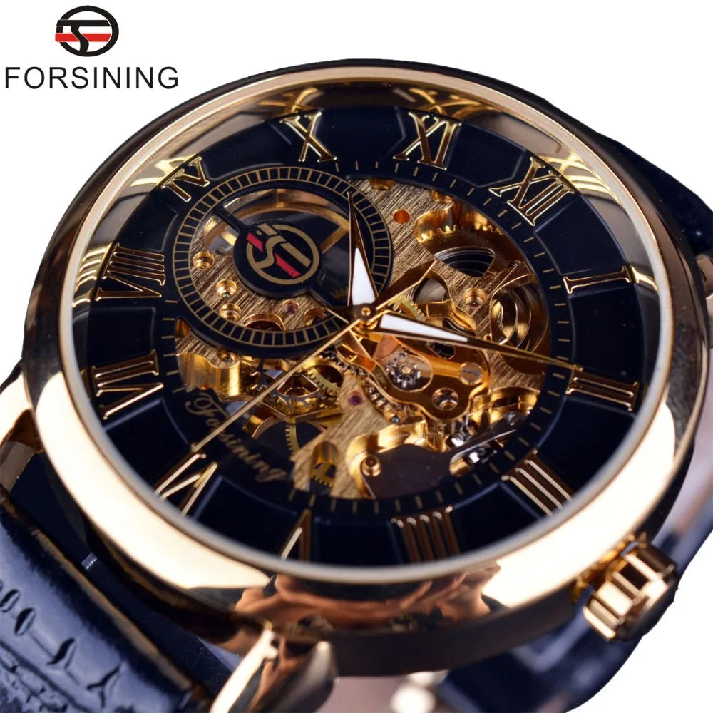 Forsining Men's Luxury Mechanical Skeleton Watch - Black Gold 3D Roman Dial