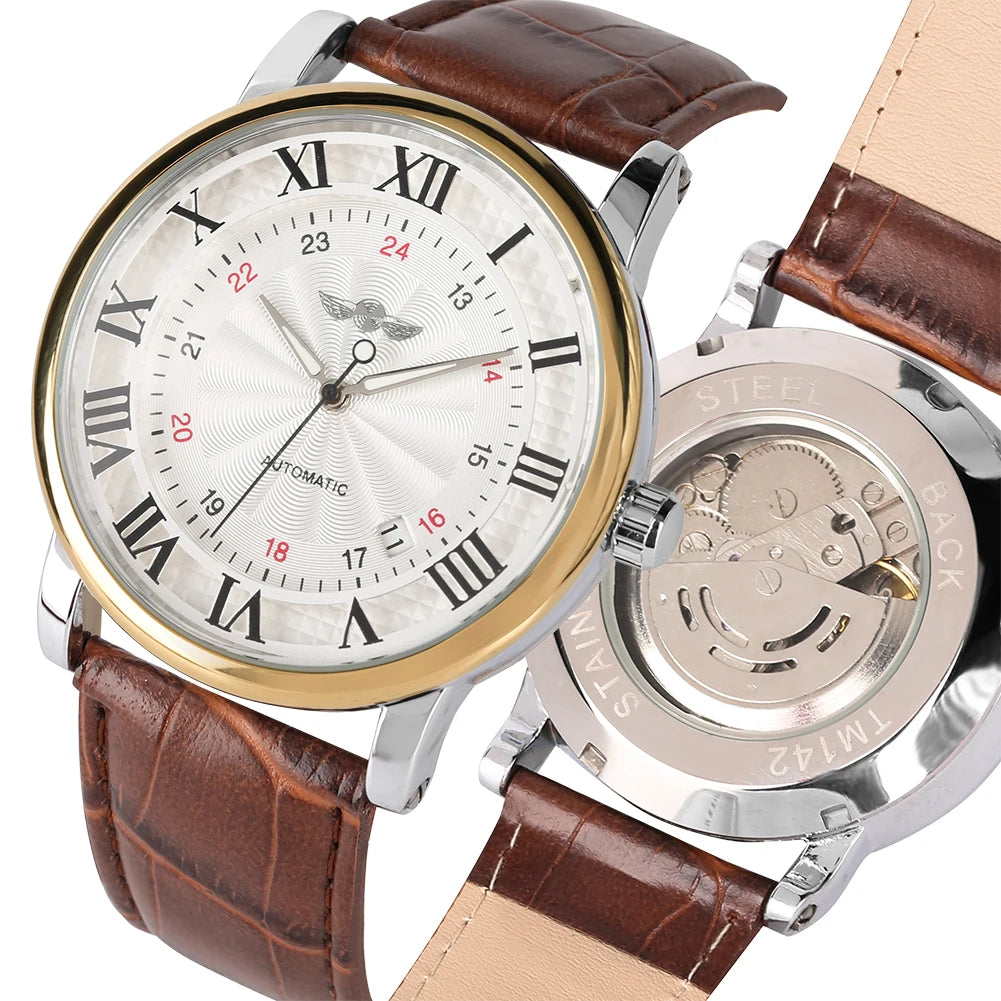Men's Automatic Mechanical Watch Roman Scale Dial Calendar Display Business Wristwatches Perfect Gift