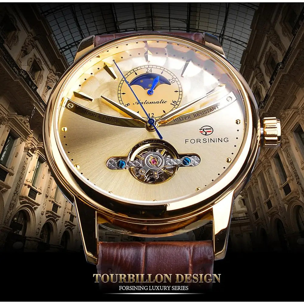 Forsining Moon Phase Automatic Watch Royal Men's Golden Mechanical Wristwatches Casual Genuine Leather Tourbillon Business Clock
