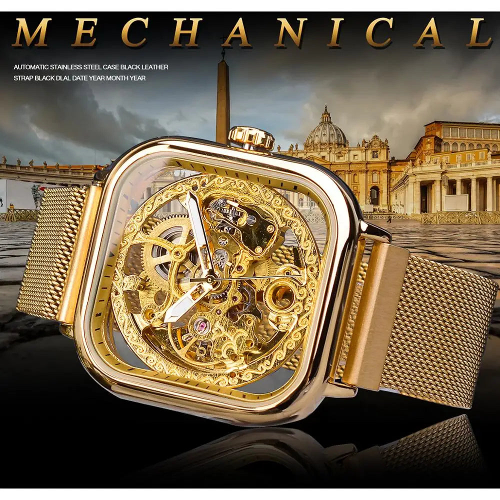 Golden Square Skeleton Automatic Watch - Mesh Steel Band
