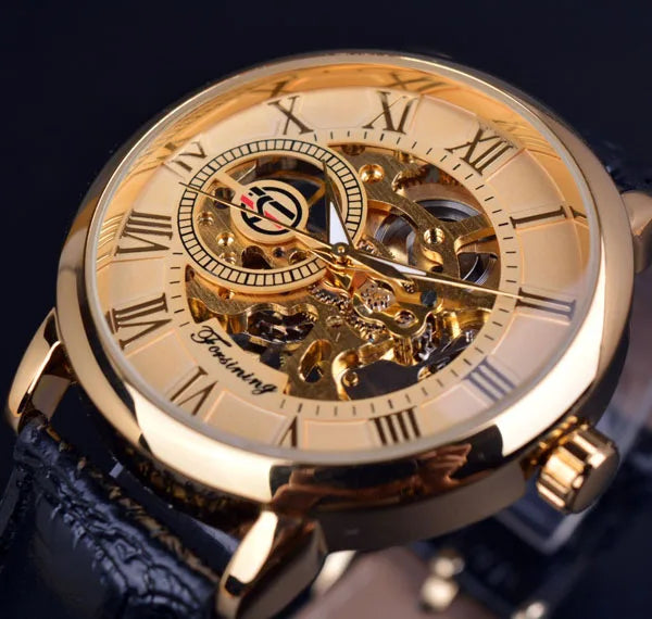 Forsining Men's Luxury Mechanical Skeleton Watch - Black Gold 3D Roman Dial