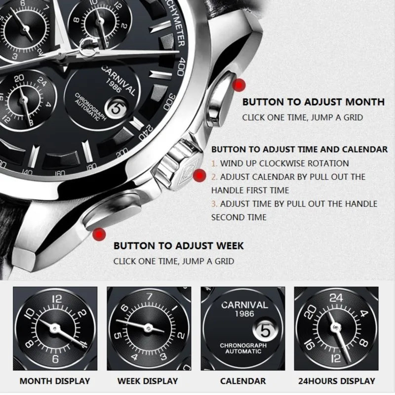 Multifunction Automatic Watch Men Luxury brand CARNIVAL Mechanical Watches Calendar Week 24hour Luminous Waterproof Montre homme