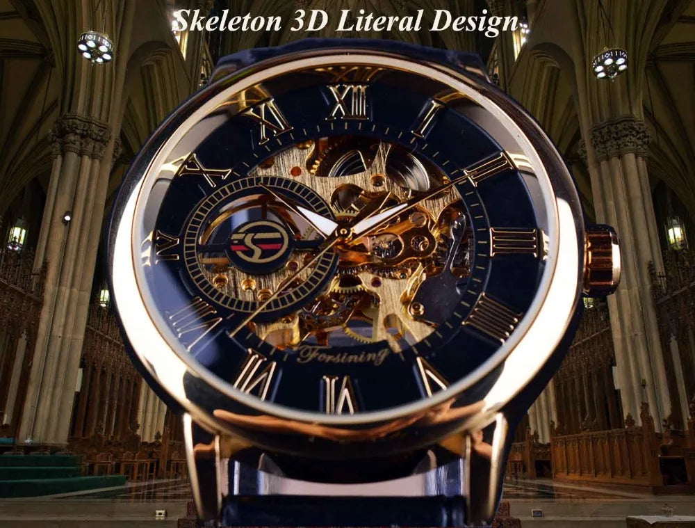 Forsining Men's Luxury Mechanical Skeleton Watch - Black Gold 3D Roman Dial