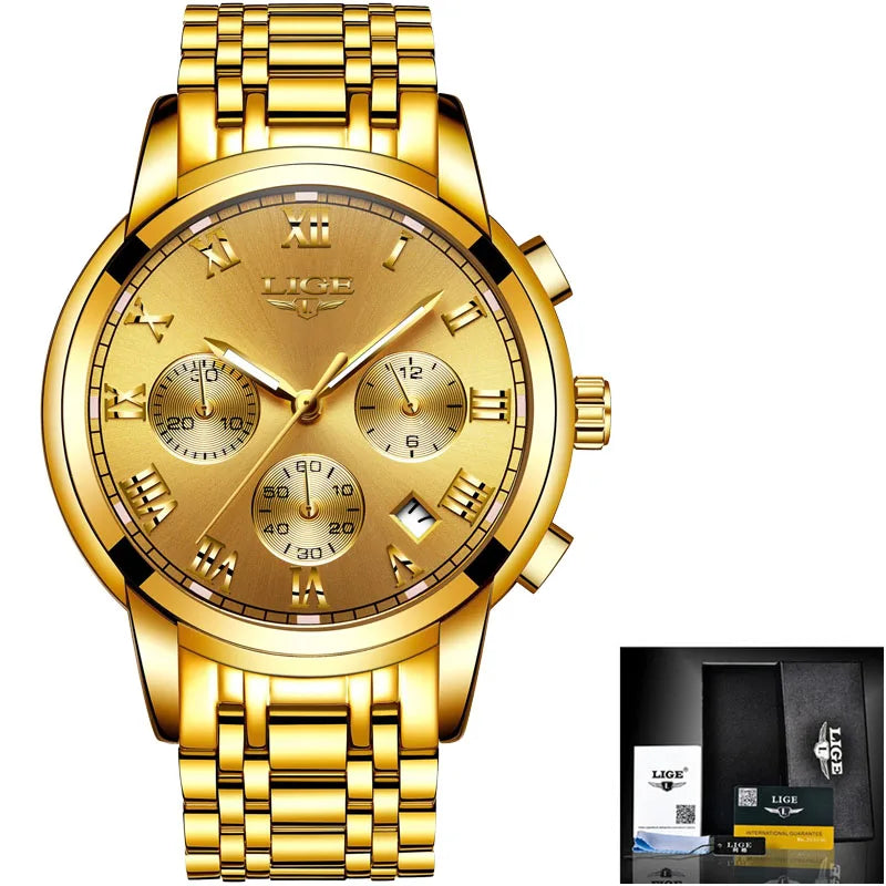 LIGE Golden Prestige - Luxury Gold-Tone Business Quartz Watch