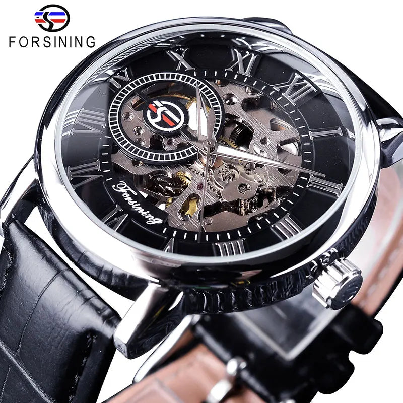 Forsining Men's Luxury Mechanical Skeleton Watch - Black Gold 3D Roman Dial