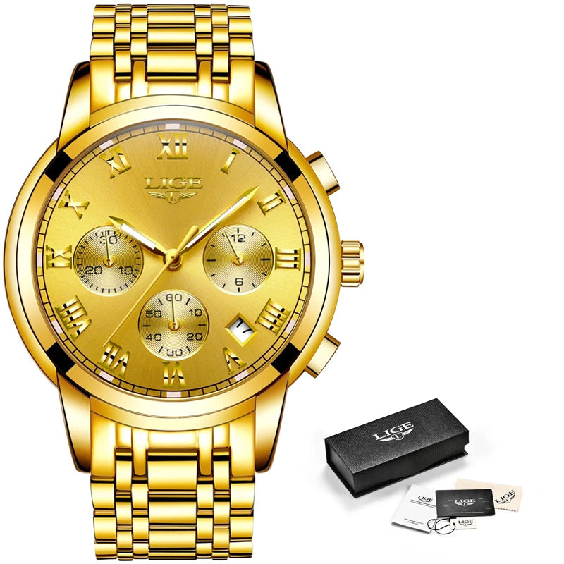 LIGE Golden Prestige - Luxury Gold-Tone Business Quartz Watch
