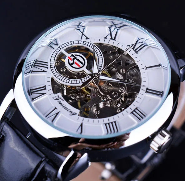 Forsining Men's Luxury Mechanical Skeleton Watch - Black Gold 3D Roman Dial