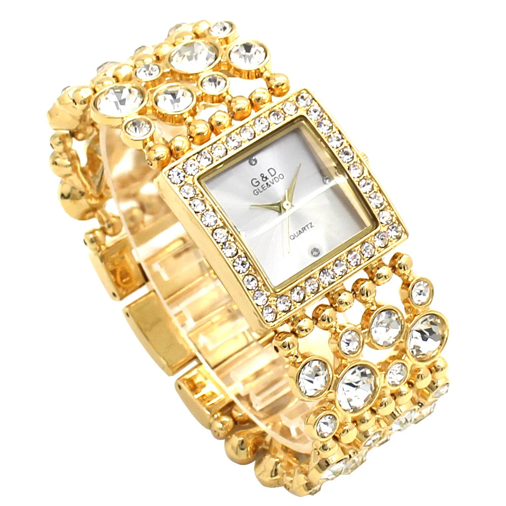 G&D Women Square Watch Analog Quartz Vogue Female Clock Luxury Golden Diamond Crystal Bracelet Wedding Evening Dress Wristwatch