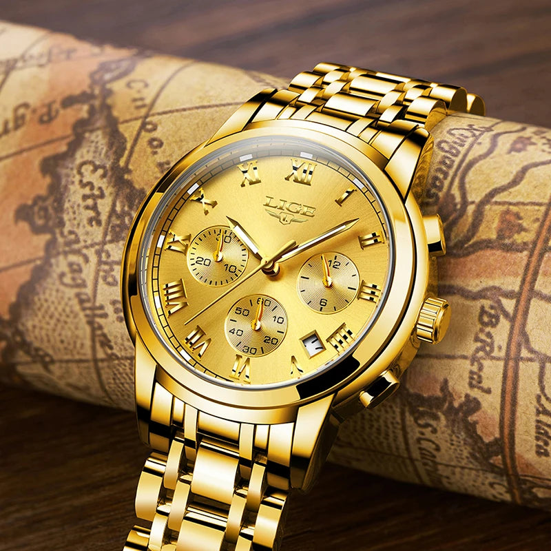 LIGE Golden Prestige - Luxury Gold-Tone Business Quartz Watch