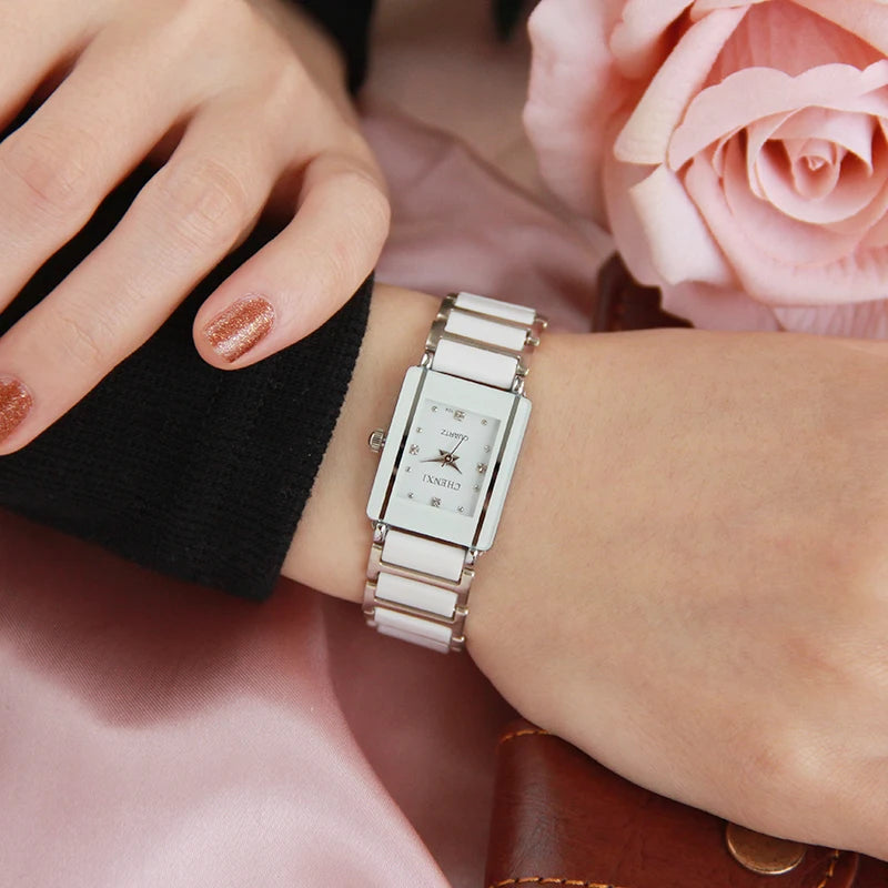 Minimalist Ceramic Rhinestone Watch - Sleek Black Quartz Timepiece for Women