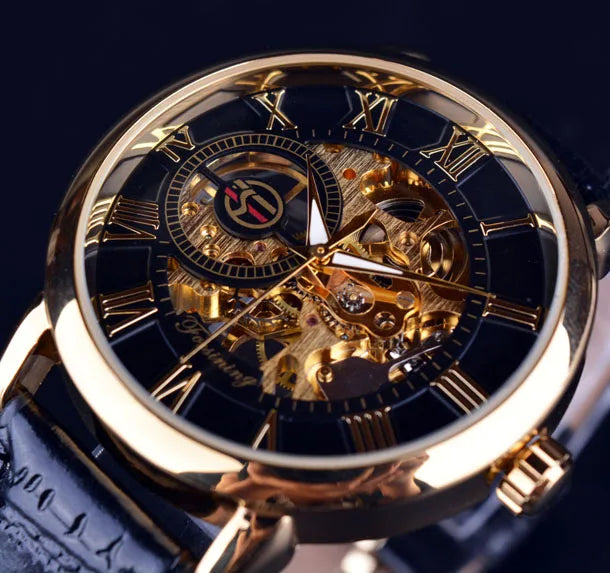 Forsining Men's Luxury Mechanical Skeleton Watch - Black Gold 3D Roman Dial