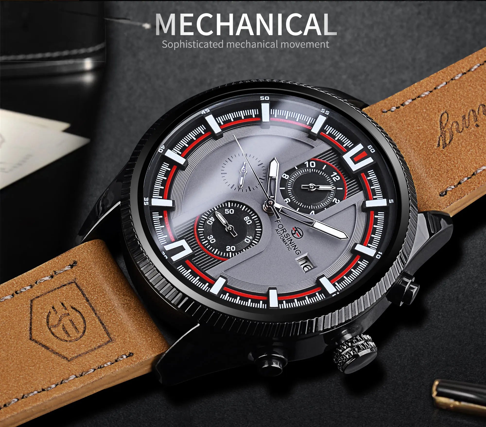 New Forsining 382 Brown Men's Watch Luxury Genuine Leather Strap Sports Fashion Automatic Mechanical Watch Men's Watches
