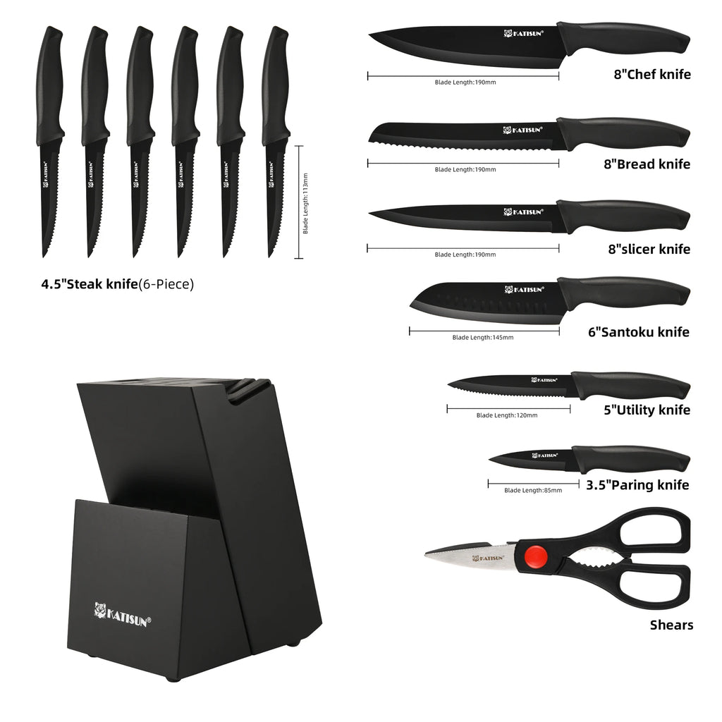 15-Piece Color Coded Kitchen Knife Set High Carbon Chef Knife Ergonomic Black Anti-Slip TPR Soft Handle and Inner Sharpener