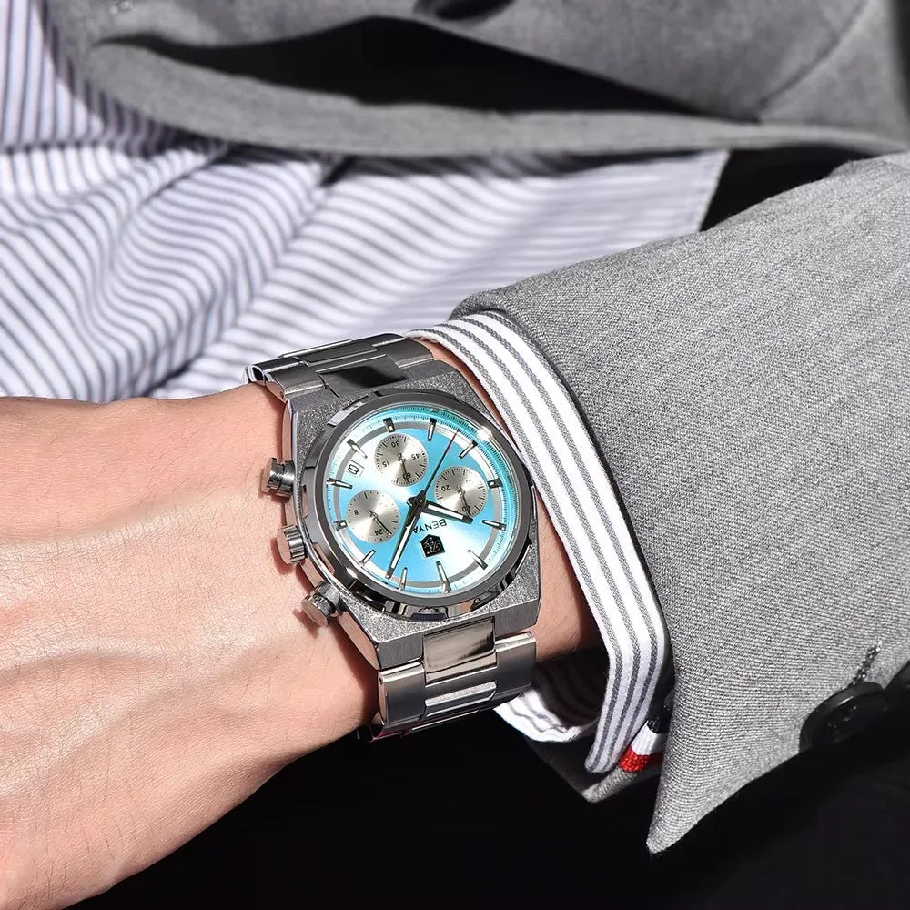 BENYAR 2024 New Men's Watch 43mm Luminous Dial Waterproof Men's Quartz Watch Running Second Chronograph 5204