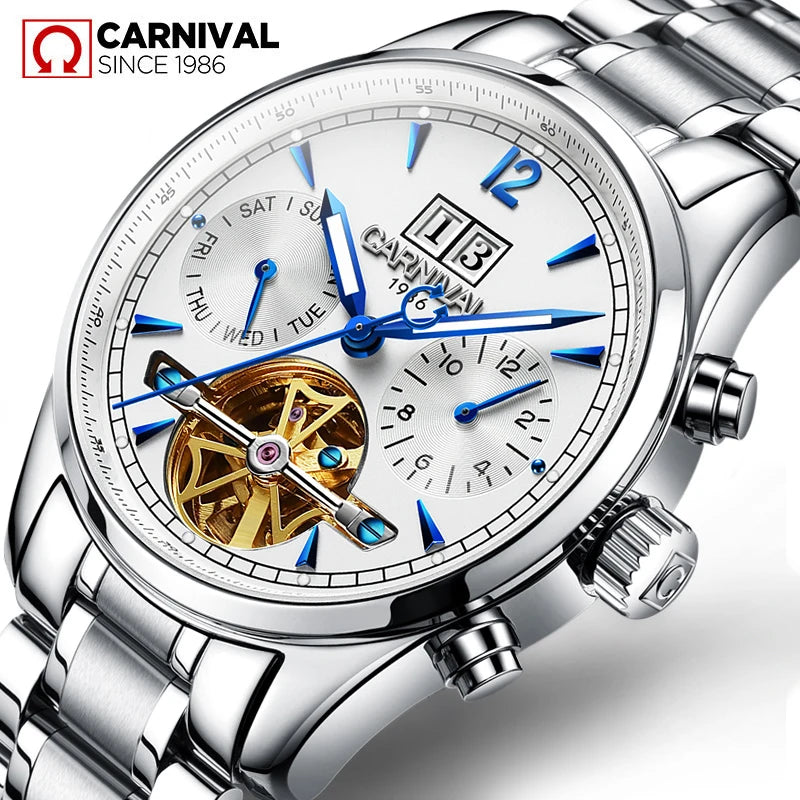 Montre Homme CARNIVAL Tourbillon Mechanical Wristwatches Sapphire Calendar Luminous Waterproof Automatic Watches for Man 2025