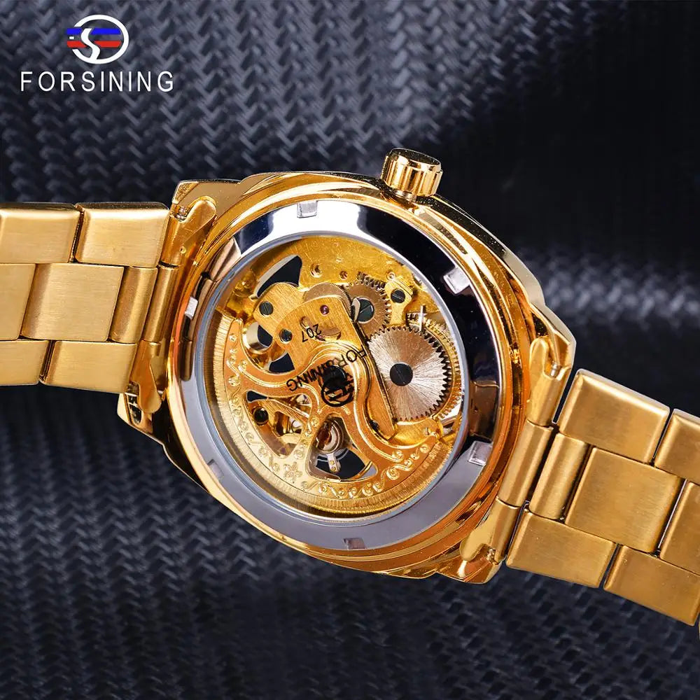 Forsining Men's Automatic Mechanical Watch - Luxury Golden Skeleton Dial with Luminous Hands