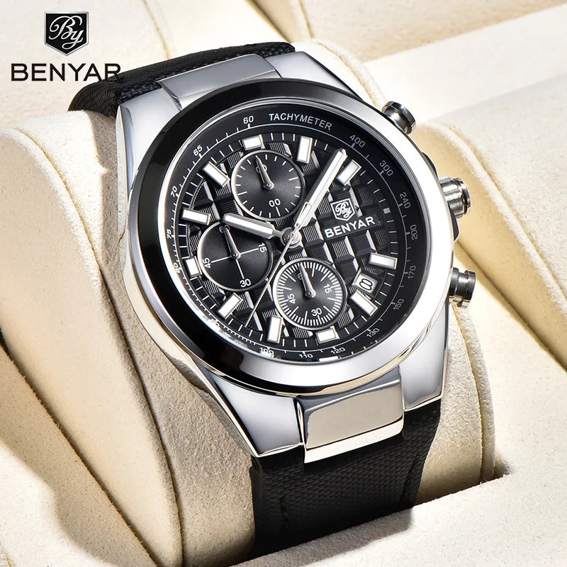 BENYAR Mens Quartz Watches Luxury Watch for Men Chronograph Men's Wristwatch Clock Leather Waterproof Sports Bracelet 5206