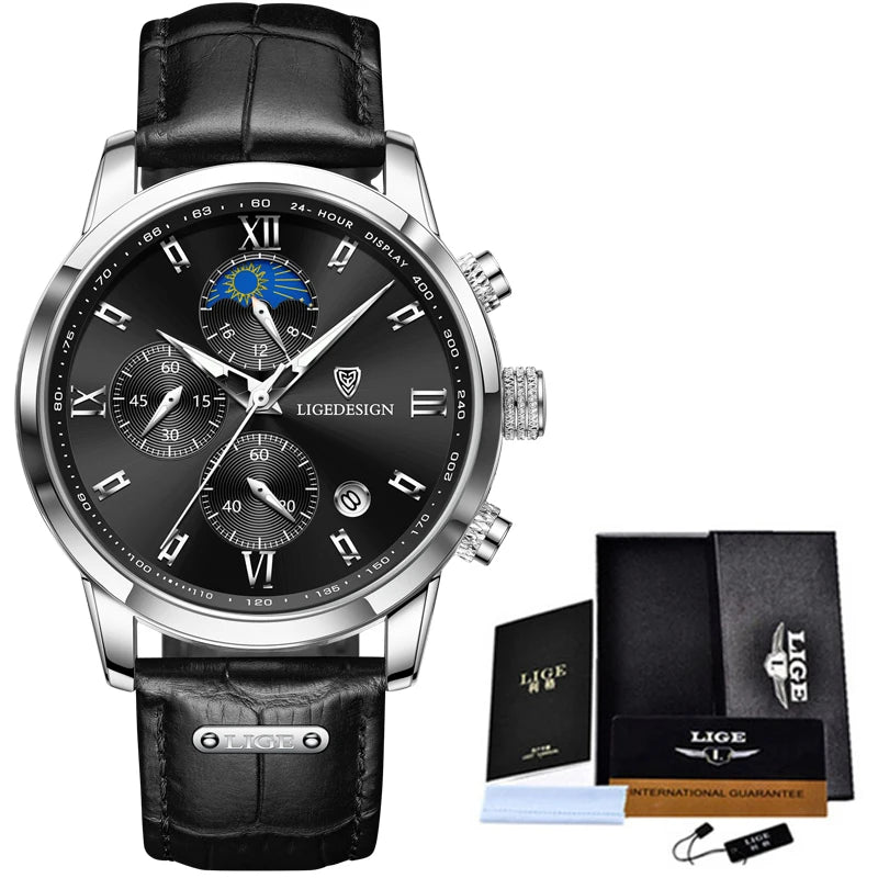LIGE New 24 hour Moon Phase Watch Men Fashion Army Military Quartz Men Watch Leather Waterproof Sports Chronograph Reloj Hombre