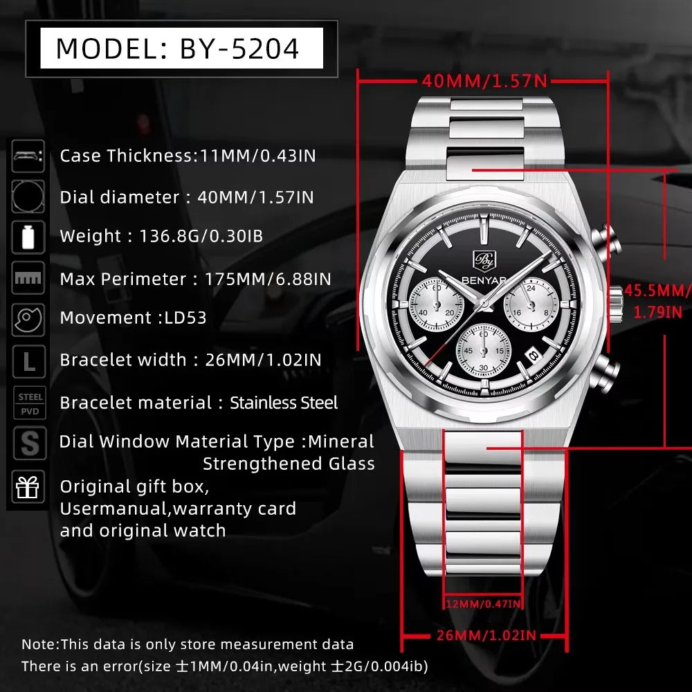 2024 New BENYAR 5204 New Men Watch Top Luxury Male Quartz ChronographWaterproof Wrist Watch Men Sport Clock Luminous Watch