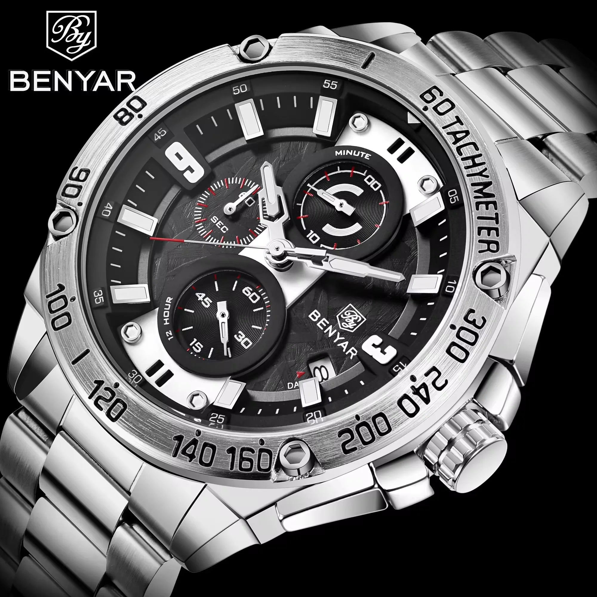 BENYAR 5148 BENYAR Men Luxury Stainless Steel Chronograph Quartz Watches Business Auto Date Luminous Wristwatch