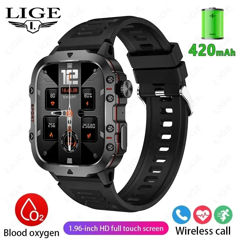 LIGE Sport Smart Watch for Men 1.96 Screen Blood Oxygen Bluetooth Call Watch 100+Sport Waterproof Smartwatch Man Reloj Hombre