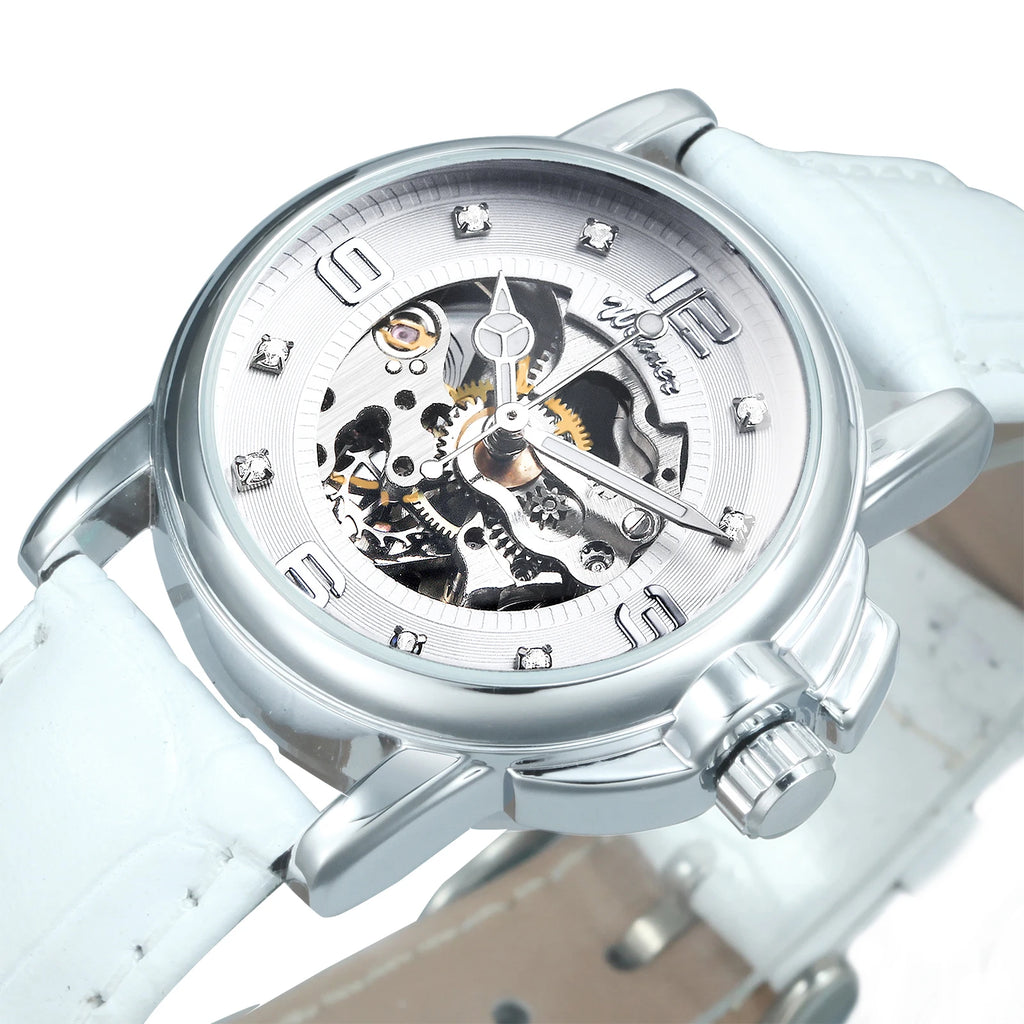 WINNER Fashion Skeleton Mechanical Watch for Women Luxury Rhinestones Dial Elegant Automatic Watches Leather Strap Luminous Hand