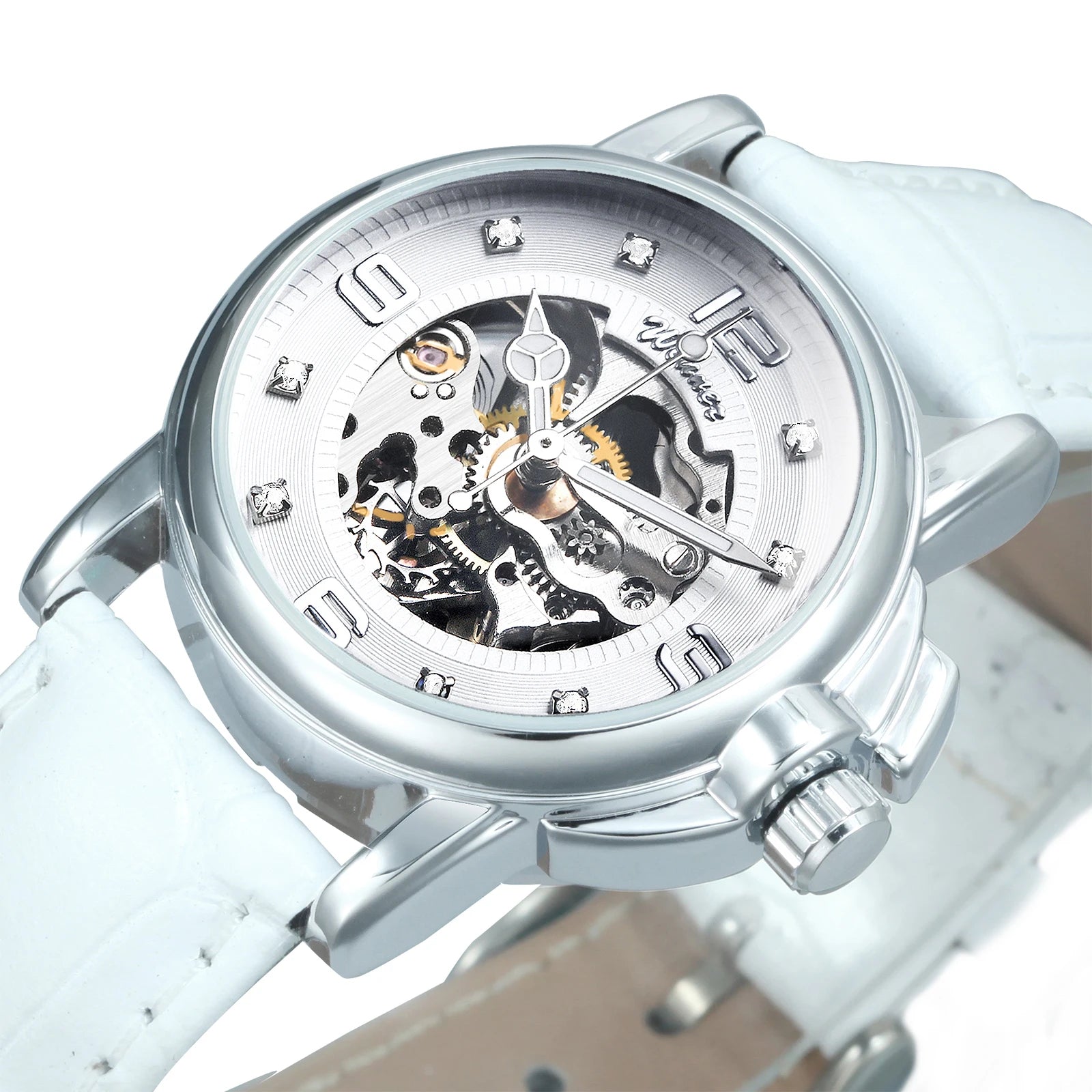 WINNER Fashion Skeleton Mechanical Watch for Women Luxury Rhinestones Dial Elegant Automatic Watches Leather Strap Luminous Hand