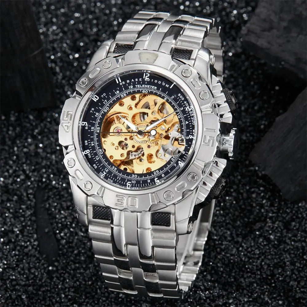 Skeleton Mechanical Watch Men's Top Brand Luxury Automatic Wristwatch Stainless Steel Band Sports Waterproof Male Reloj Gifts