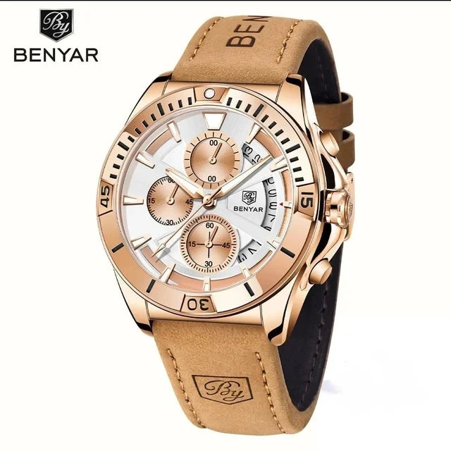 BENYAR 5180 5180M Luxury Brown Genuine Leather Quartz Watch for Men Multifunctional Chronograph Waterproof Calendar Men's Watch
