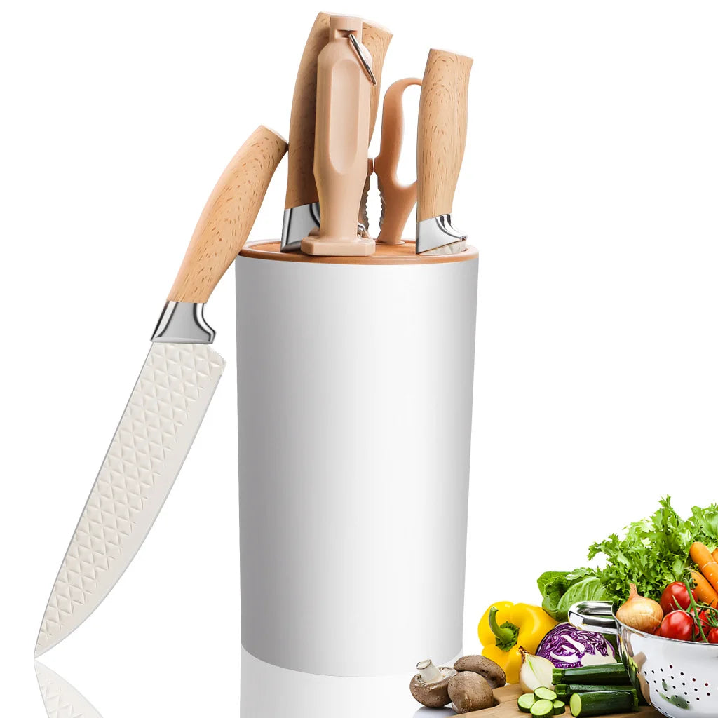 Yangjiang 7-Piece Kitchen Knife Set Plastic Holder Including Chef Santoku Nakiri Bread Boning Utility Fruit Slicer Knives