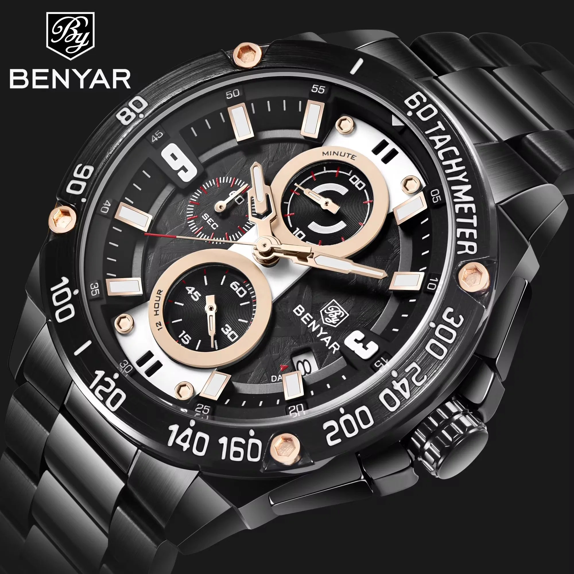BENYAR 5148 BENYAR Men Luxury Stainless Steel Chronograph Quartz Watches Business Auto Date Luminous Wristwatch