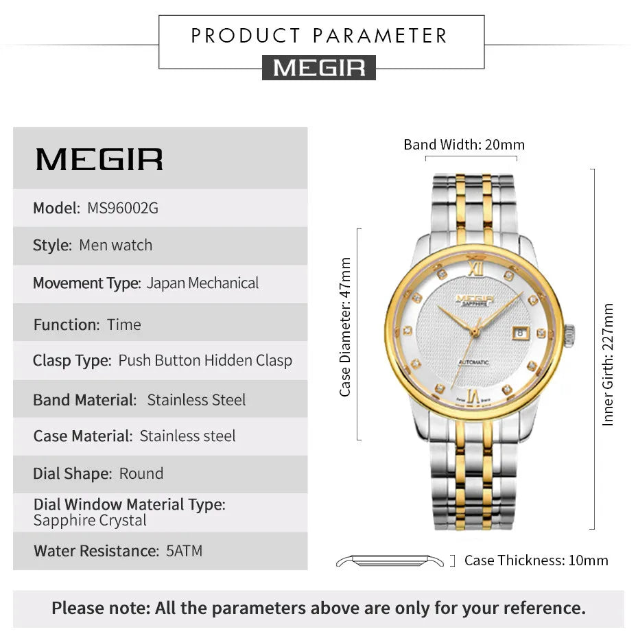 MEGIR 96002 Men Watches Luxury Business Wristwatches Stainless Steel Sapphire Clock Automatic Mechanical Watch Reloj Hombre