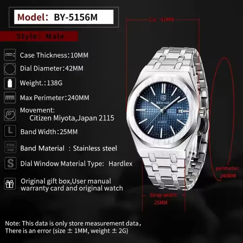 BENYAR 5156 Men's Quartz Watch Fashion Multifunctional Waterproof Automatic Luminous Chronograph Relogio Masculino