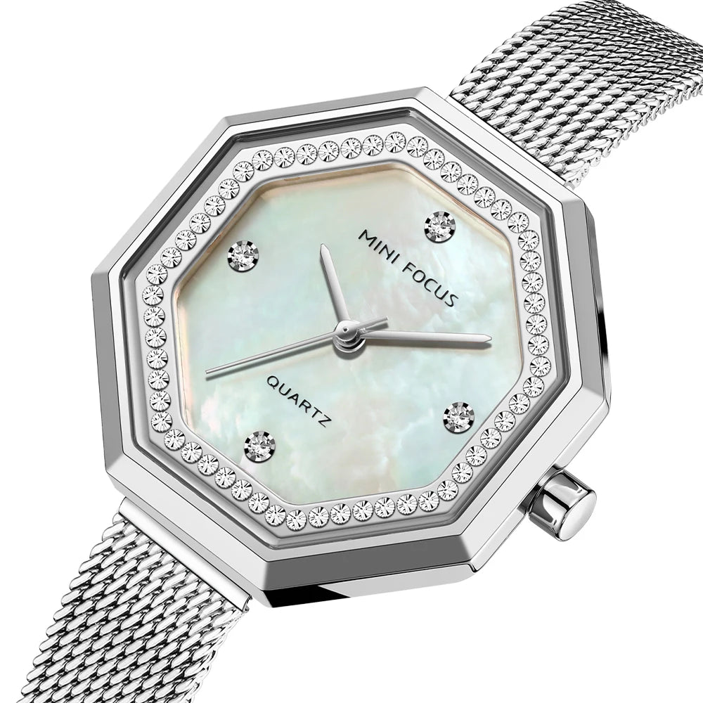Crystalline Octagon Mesh Watch - Women's Luxury Timepiece
