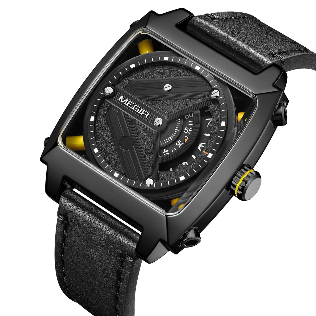 MEGIR 62071 Men's Waterproof Business Casual Leather Strap Automatic Mechanical Watch Tonneau Case Charm Wristwatch Montre Homme