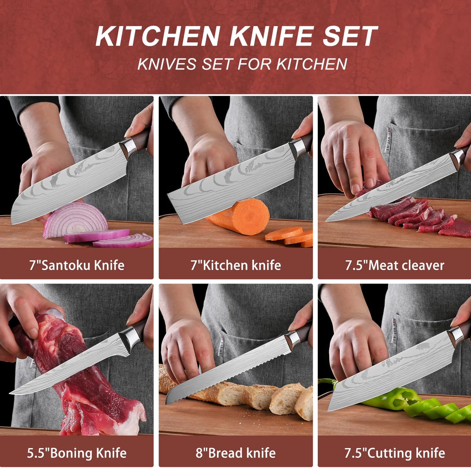 Best Product Super Sharp Stainless Steels 7 Pieces Meat Cleaver Chef Santoku Knife Japanese Kitchen Knife Set