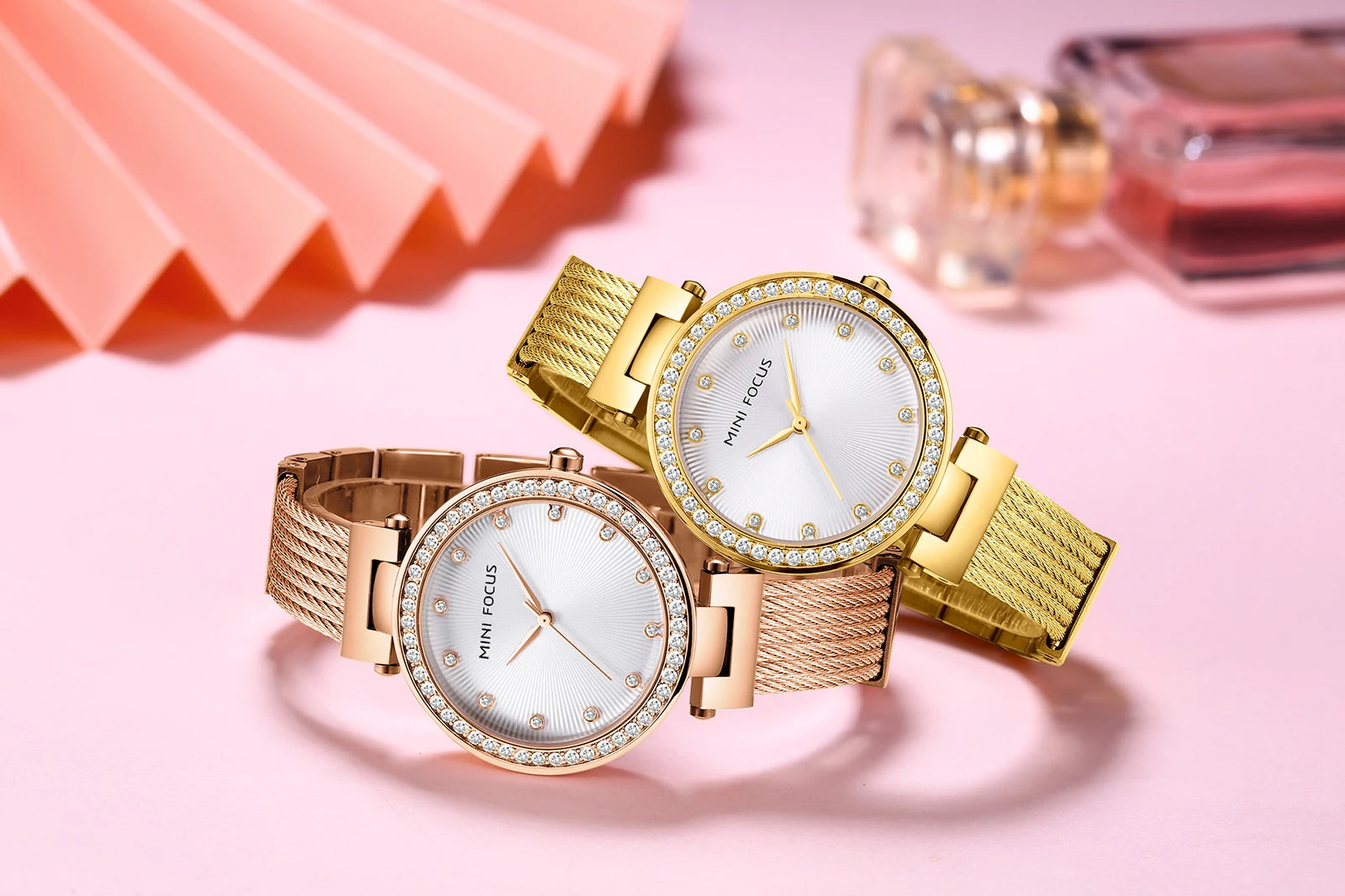 The Golden Radiance - Diamond-Accented Mesh Watch