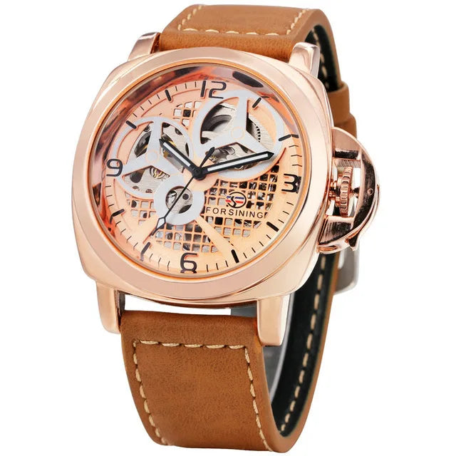 FORSINING Fashion Men Auto Mechanical Watch Brown Leather Strap Luxury Skeleton Dial 3D Index Design Top Brand Wrist Watches
