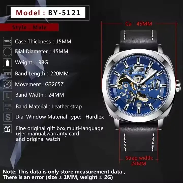 Relojes Hombre Original Brand Benyar 5121 Mens Automatic Wrist Watch Luxury Skeleton Mechanical Watches