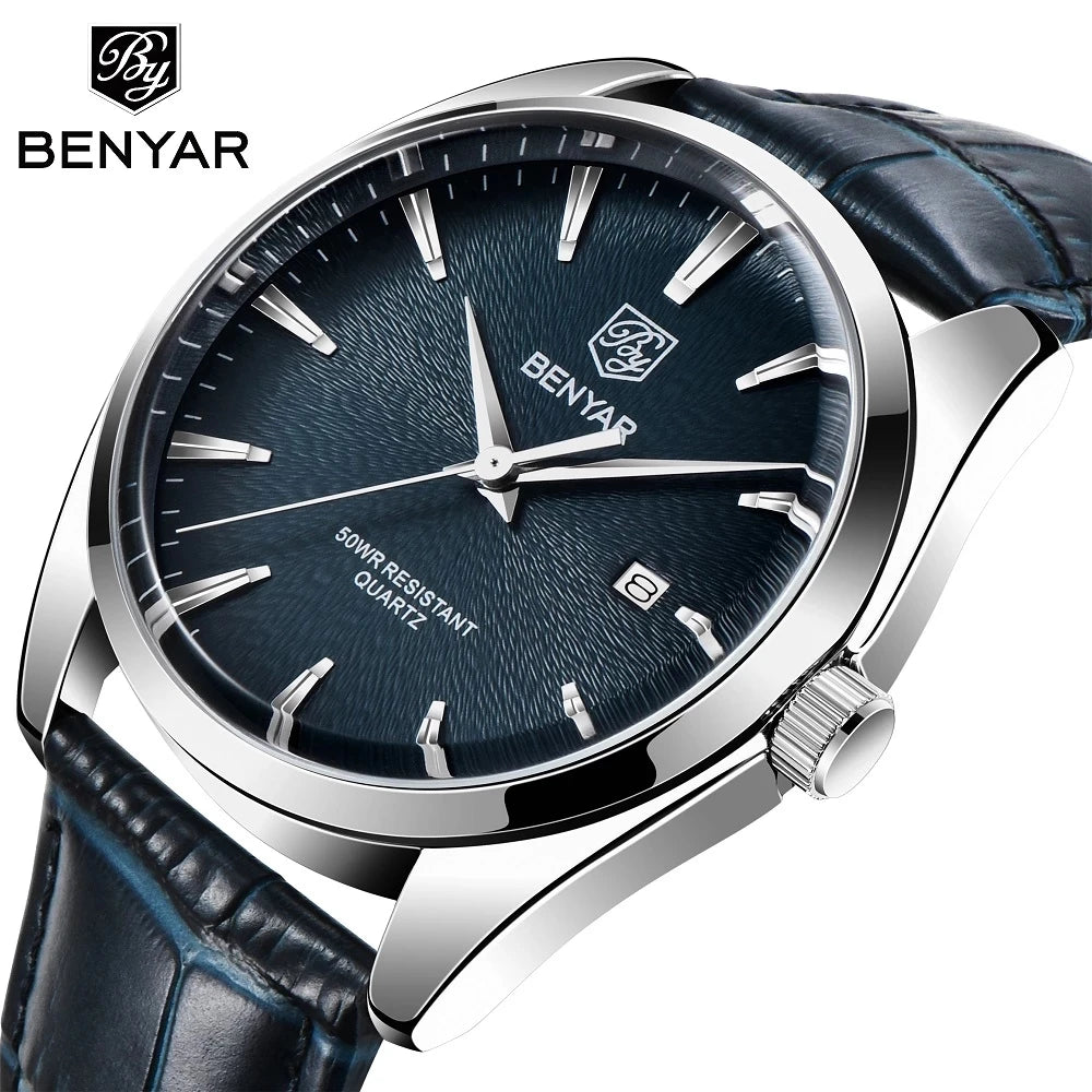 Benyar 5163  Minimal Analog Business Leather Strap Wrist Watches for Male Fashion Casual Man Quartz Watch Men Luxury Brand