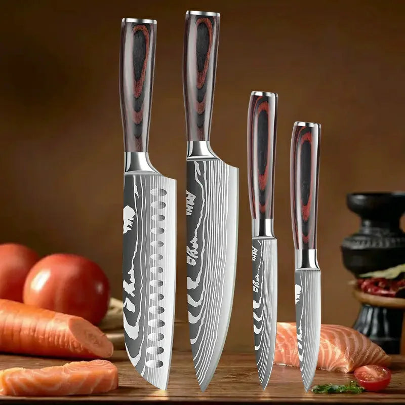 4-Piece Premium Stainless Steel Kitchen Knife Set Pakka Wood Handle Santoku Nakiri Bread Utility Boning Slicer Knives