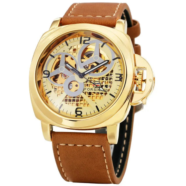 FORSINING Fashion Men Auto Mechanical Watch Brown Leather Strap Luxury Skeleton Dial 3D Index Design Top Brand Wrist Watches